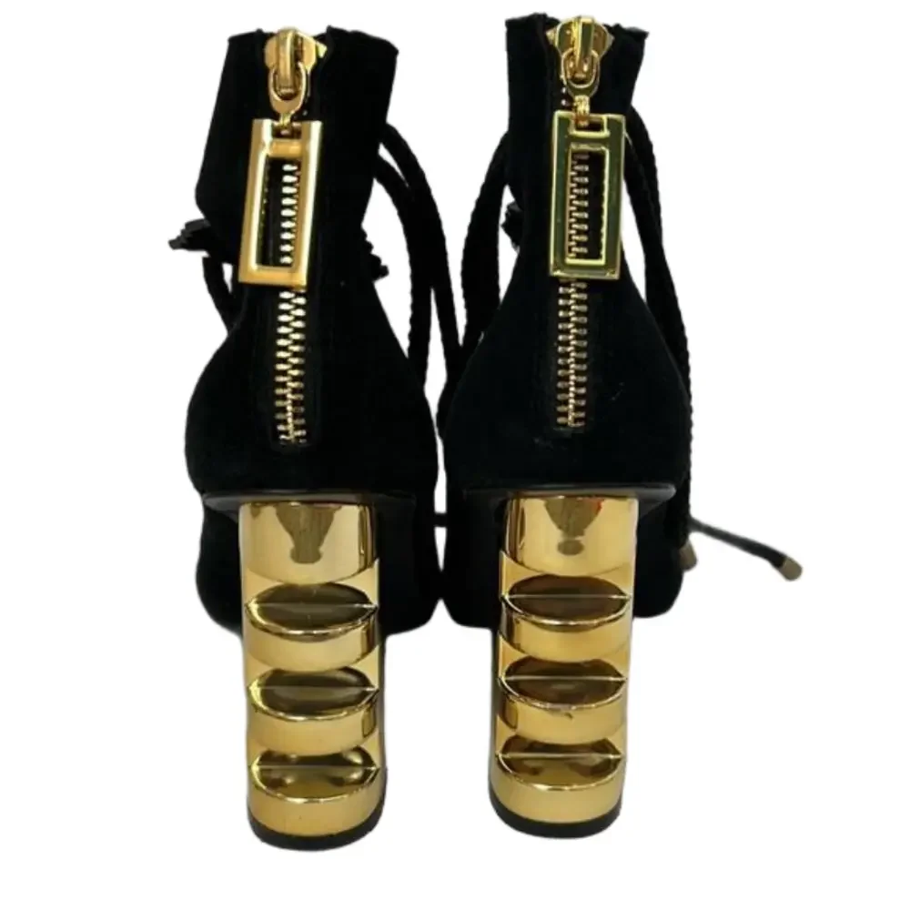 KAT MACONIE Betsy Suede Black Sandals Gold Heels Lace Up women’s size 5.5